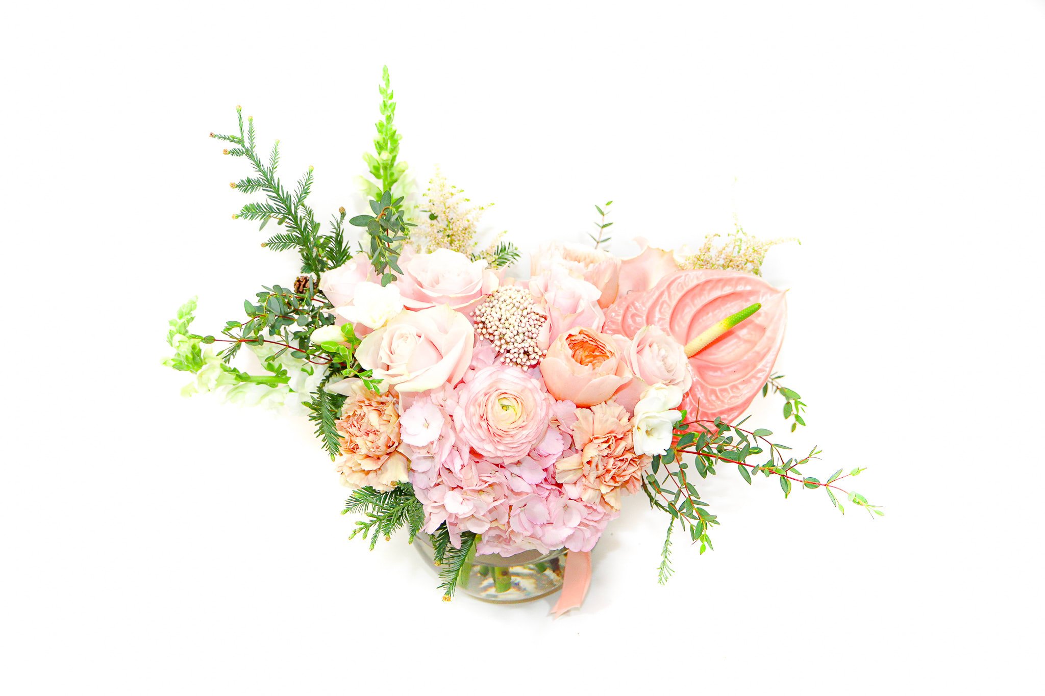 The Beauty - The Beauty, this stunning bouquet is created in glass bowl with blushes, pinks and peaches as colors, this bouquet is best suited for any celebration, with pink anthurium, roses and hydrangea, stunning peach garden roses.  Anthuriums Symbolize Hospitality. Due to their open, heart-shape and long-lasting characteristics they are popular as hostess or hospitality gifts. ..
