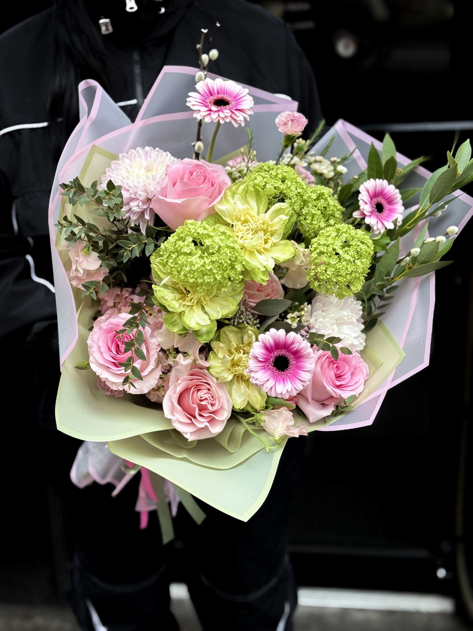 Pink and green mixed bouquet with roses and gerbera daisies