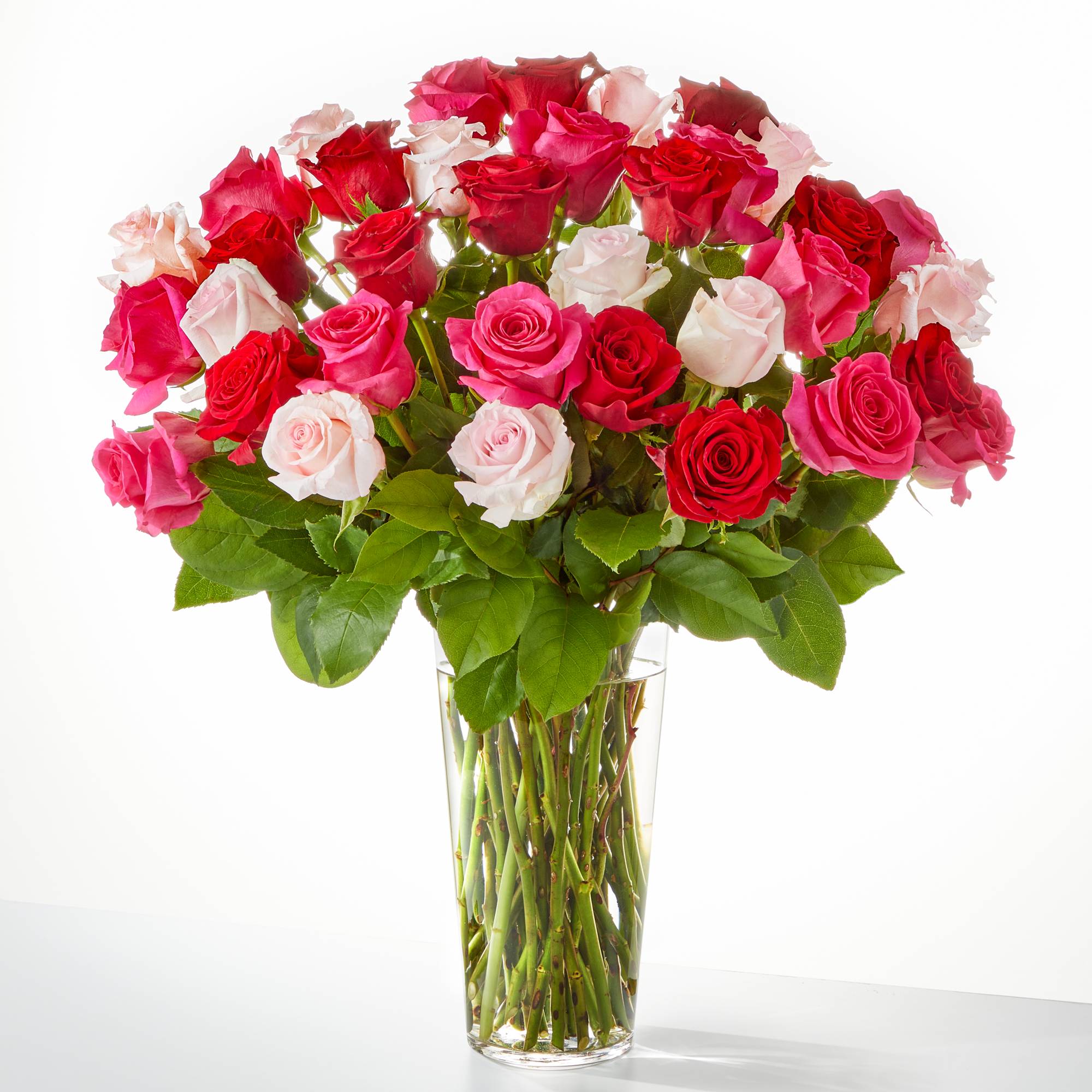 Bouquet of pink, red, and white roses in a clear glass vase