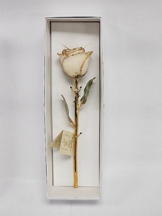 Preserved Ivory 24KT Gold Rose - A real rose preserved to last and then trimmed with real 24kt gold and presented in a gift box.