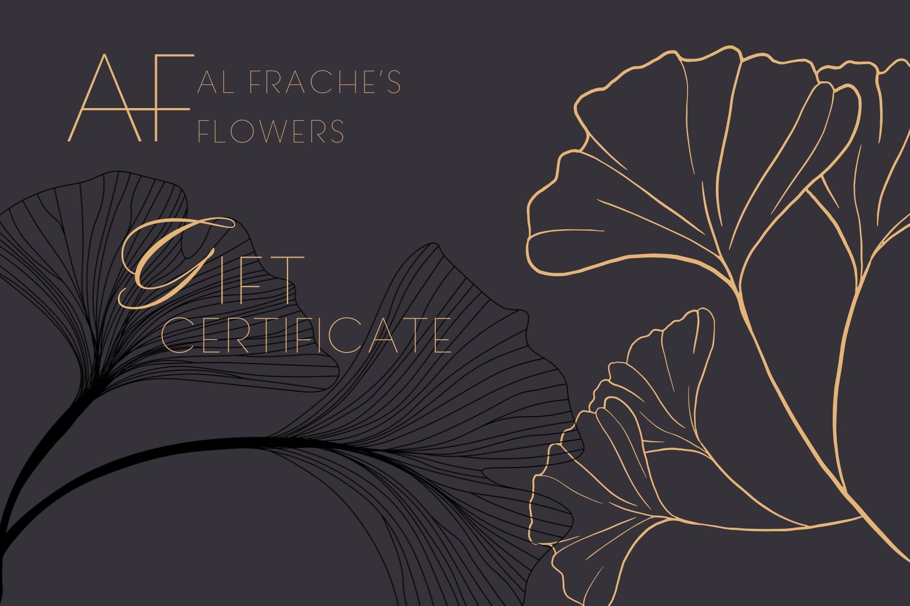 Gift certificate with gold floral line art on a dark background