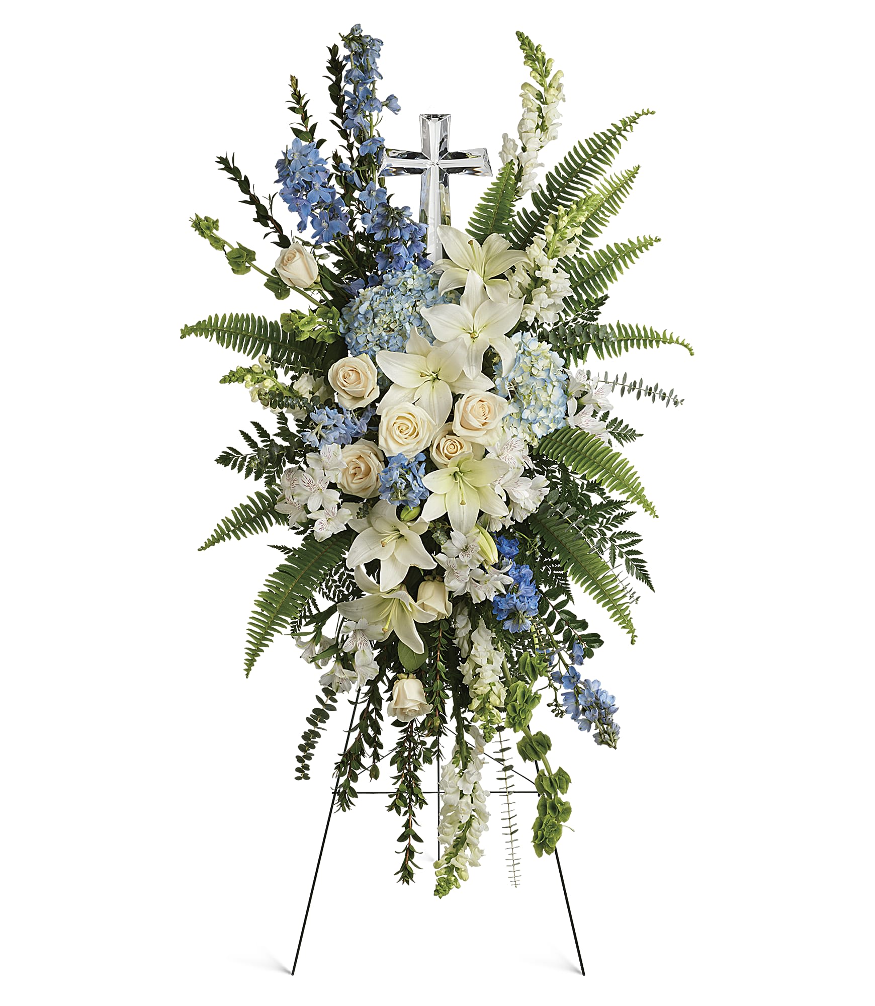 Eternal Grace  - A touching display of devotion, this peaceful spray of white and light blue flowers is accompanied by an elegant crystal cross keepsake that will be cherished for years to come. (Flower color substitutions will likely be made unless 32 hour notice is given) 