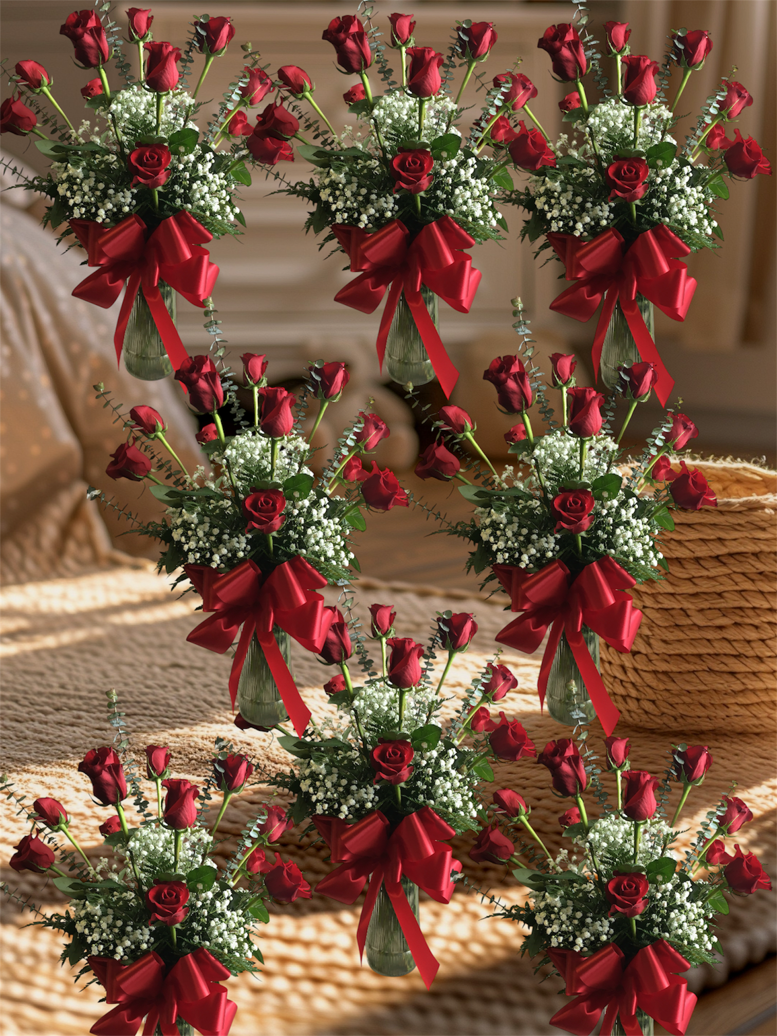 100 roses! - Wow her with a room full of roses! Your sweetheart will receive a total of 100 roses arranged in 8 vases of different sizes and heights guaranteed to create a the most beautiful and fragrant display of affection she’ll ever receive. 