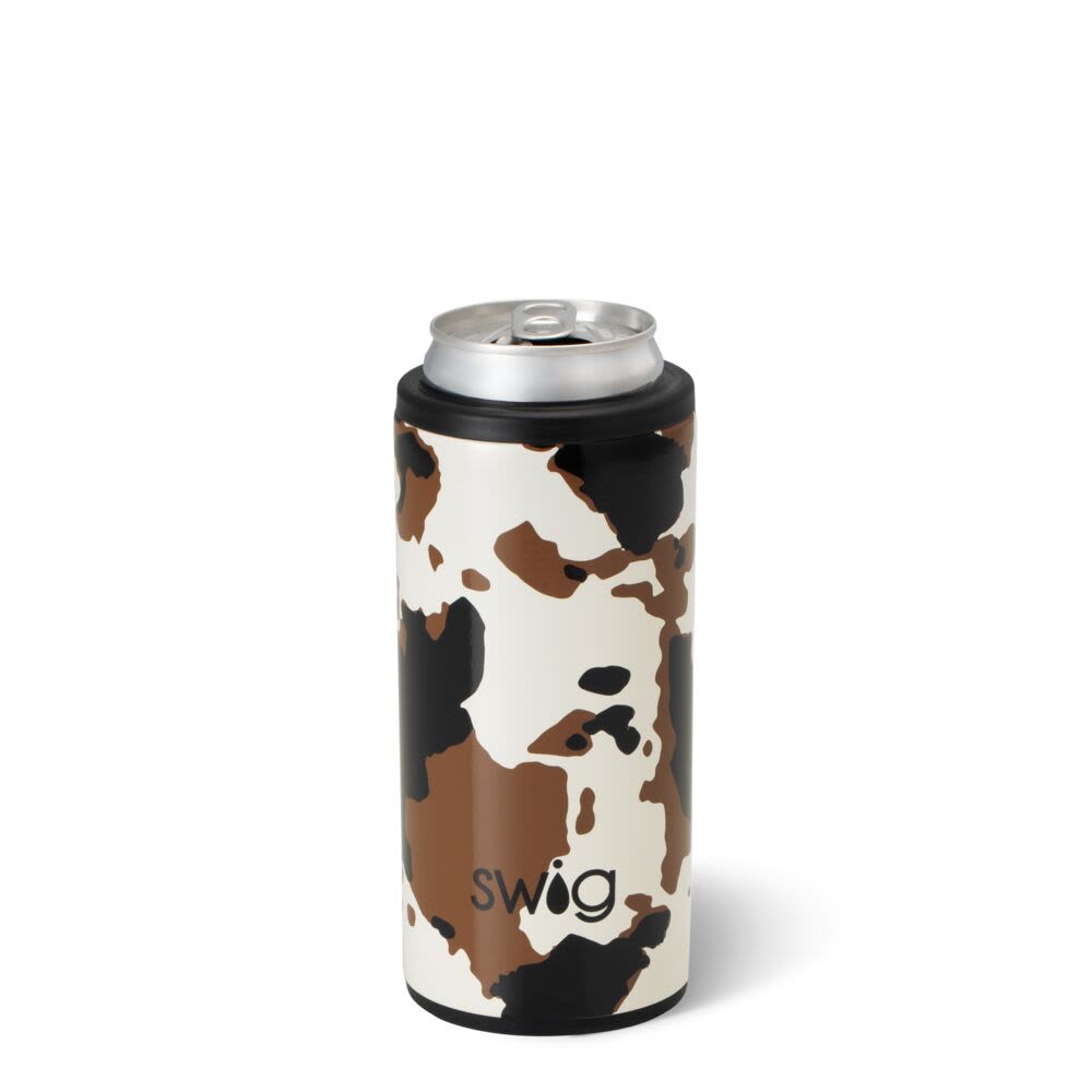 Cow-print insulated drink can with a silver top