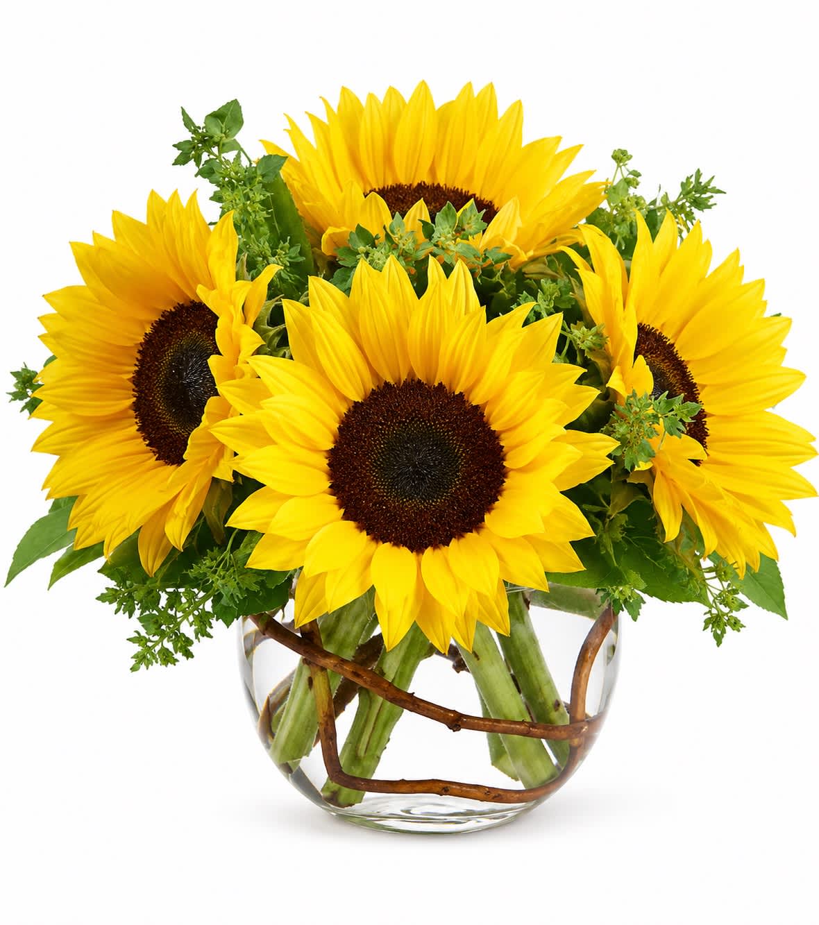 Bouquet of yellow sunflowers in a clear glass vase