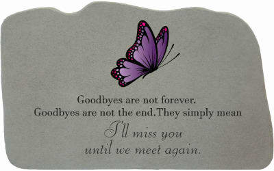Gray memorial plaque with a purple butterfly and farewell quote