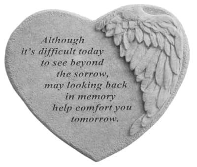 Heart-shaped memorial plaque with angel wings and a sympathy quote