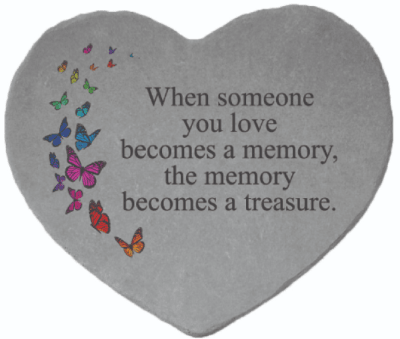 Gray heart-shaped memorial plaque with butterflies and a sympathy quote
