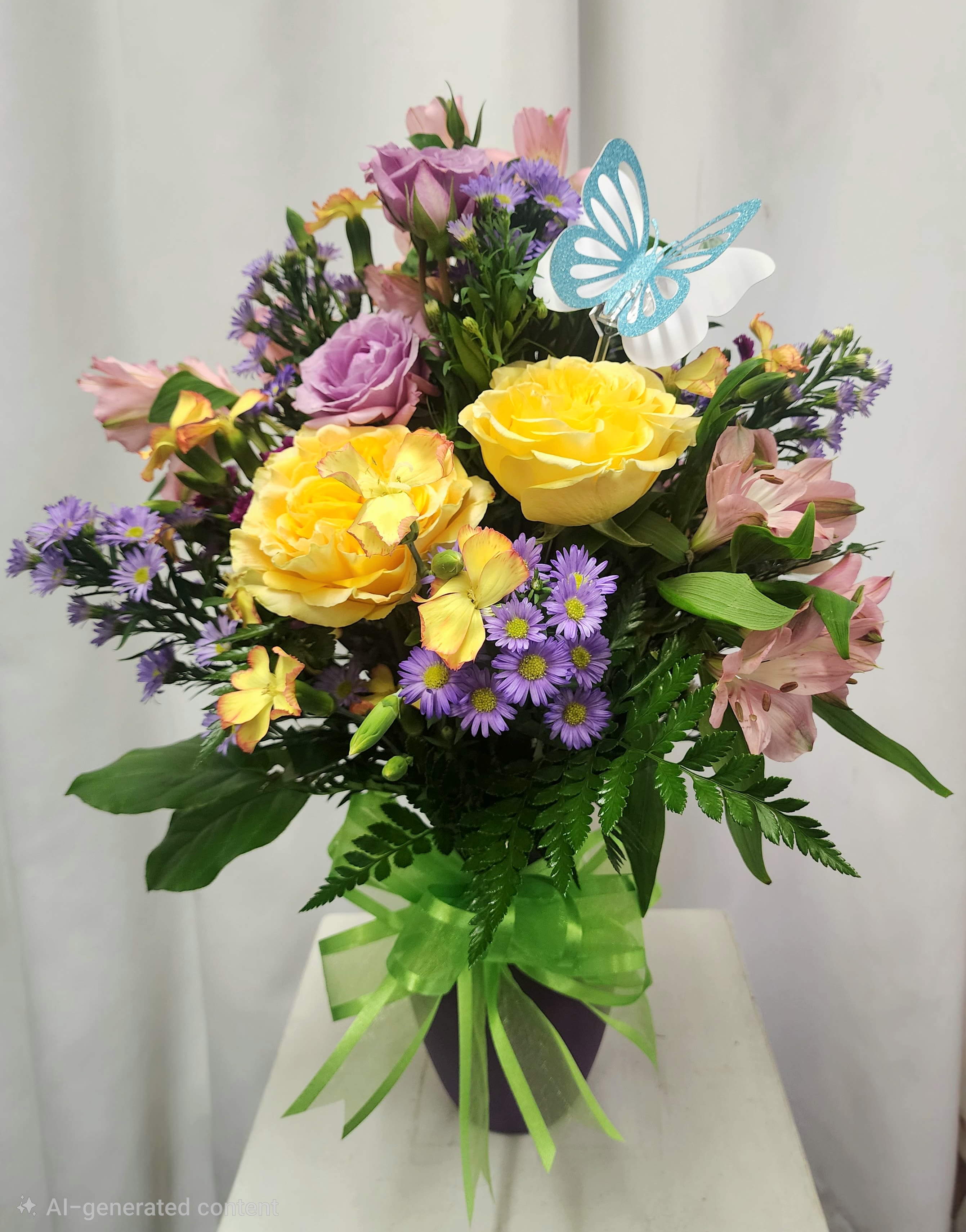 Wrapped in Spring - Wrapped in Spring is a soft and cheerful mix of roses, spray roses, alstroemeria, carnations, novi, and spark accents. Designed in a pastel vase with designer’s choice spring colors, light, and perfectly wrapped in seasonal charm with a complimenting bow.