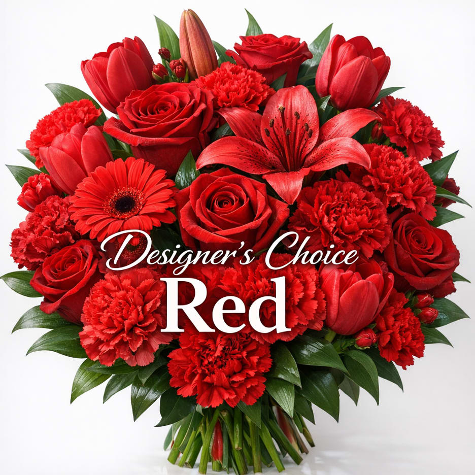 Red bouquet with roses, tulips, lilies, gerbera daisy, and carnations