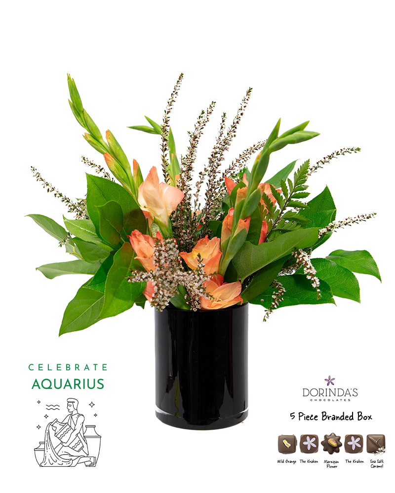 Aquarius Birthday Bundle - Celebrate your Aquarius with this perfectly curated birthday bundle! Each set includes a beautifully arranged small vase with flowers that corresponds to each zodiac's birth flower, a personalized Aquarius horoscope card, and a 5-piece assortment of indulgent Dorinda's truffles.
