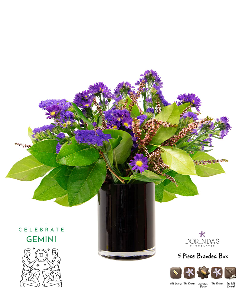 Gemini Birthday Bundle - Celebrate your Gemini with this perfectly curated birthday bundle! Each set includes a beautifully arranged small vase with flowers that corresponds to each zodiac's birth flower, a personalized Gemini horoscope card, and a 5-piece assortment of indulgent Dorinda's truffles.