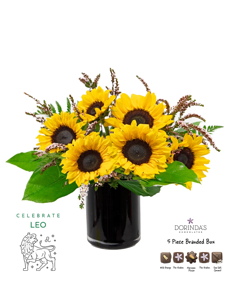 Leo Birthday Bundle - Celebrate your Leo with this perfectly curated birthday bundle! Each set includes a beautifully arranged small vase with flowers that corresponds to each zodiac's birth flower, a personalized Leo horoscope card, and a 5-piece assortment of indulgent Dorinda's truffles.