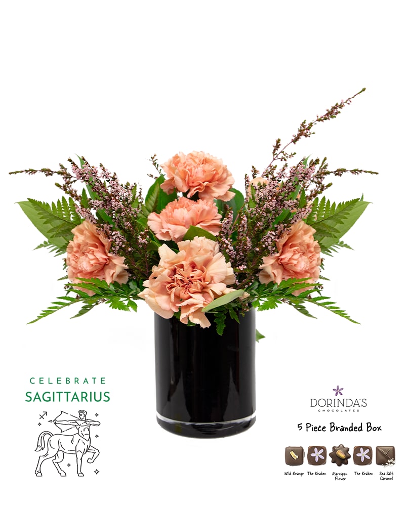 Sagittarius Birthday Bundle - Celebrate your Sagittarius with this perfectly curated birthday bundle! Each set includes a beautifully arranged small vase with flowers that corresponds to each zodiac's birth flower, a personalized Sagittarius horoscope card, and a 5-piece assortment of indulgent Dorinda's truffles.
