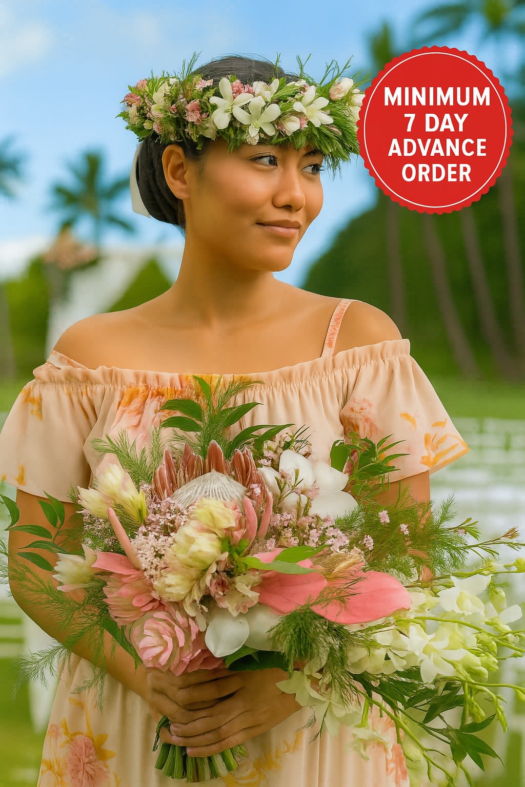 Woman wearing a floral crown and holding a large pink and white tropical bouquet outdoors