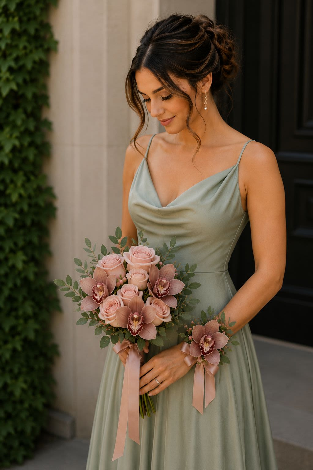 Blush Orchid Prom Collection by The House of Flowers - A romantic and elegant prom floral set designed with premium blush roses, delicate cymbidium orchids, and soft seasonal greenery. This handcrafted collection includes a matching bouquet and wrist corsage beautifully presented in an elegant keepsake box for a luxurious finishing touch.  Perfect for prom, graduation celebrations, and unforgettable memories.  Includes: • Hand-tied premium bouquet • Matching wrist corsage • Elegant corsage presentation box • Satin ribbon finishing • Premium packaging