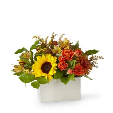 Golden Hour Bouquet - Picture having the happy sunflowers and blooming orange spray roses under the glow of autumn dusk sunset. These flowers may even inspire you to wake up early for the dawn golden hour!  21-F3S