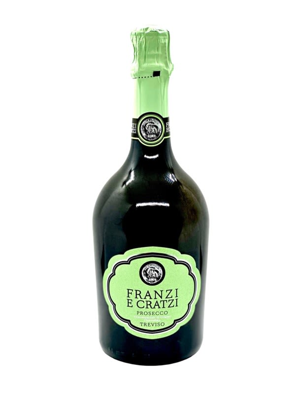 Bottle of Franzi e Cratzi Prosecco with a green foil top