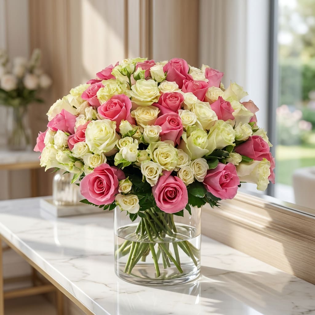 Pink and cream roses arranged in a clear glass vase