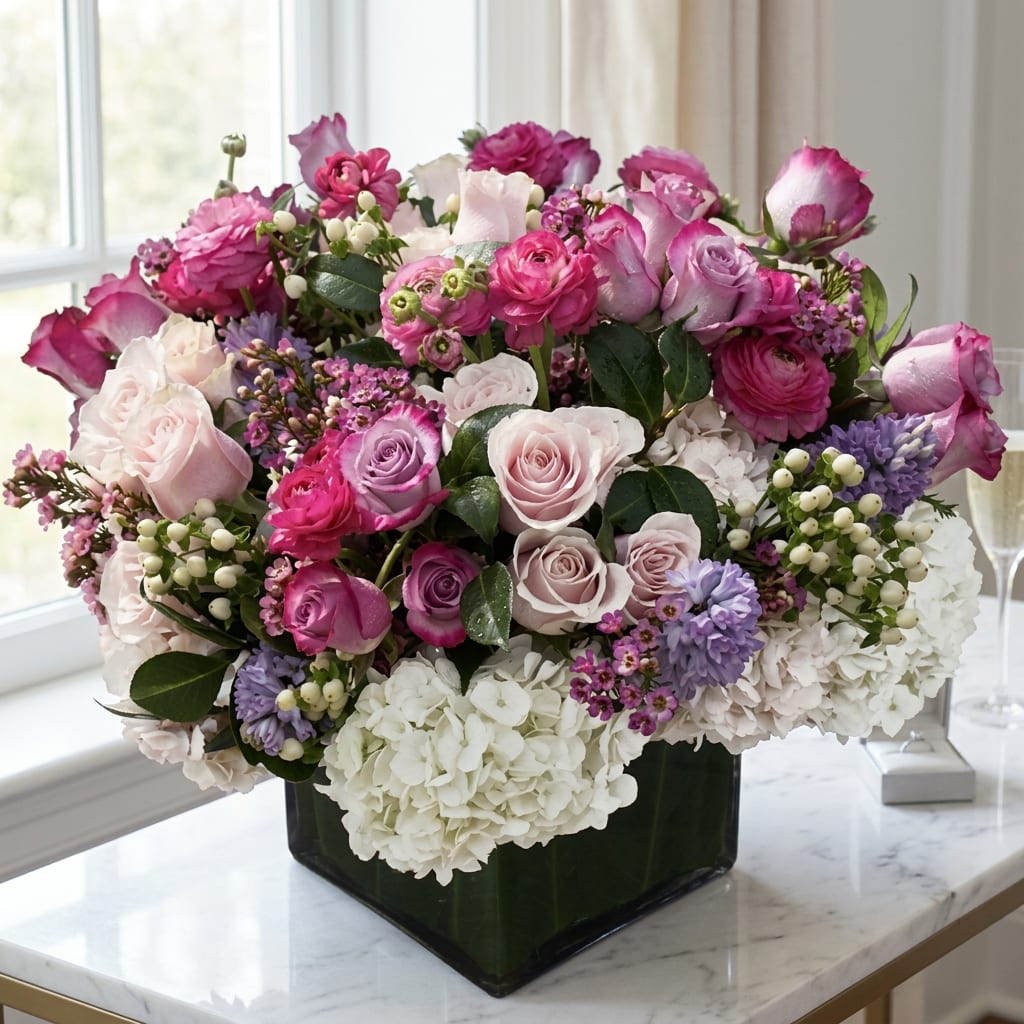 Pink and lavender rose arrangement in a dark square vase with white hydrangeas