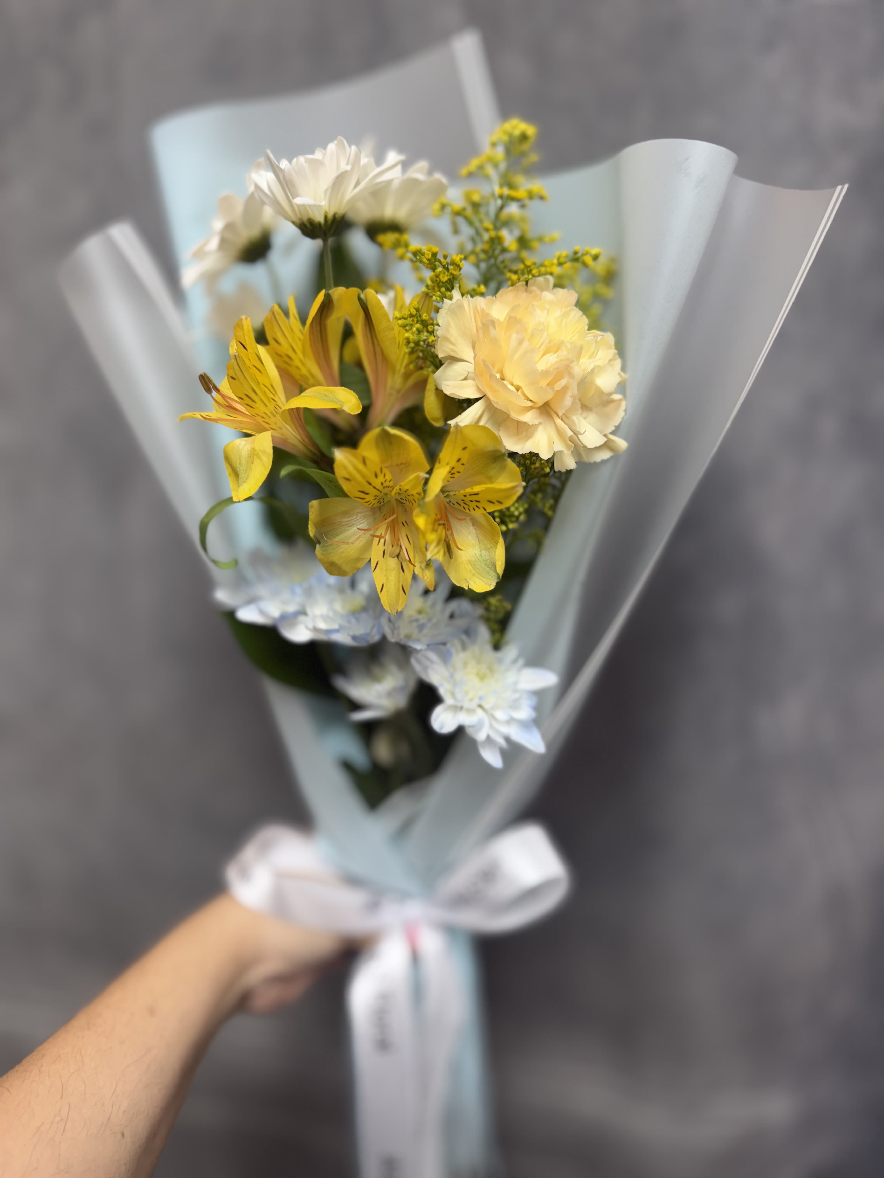 Blue dreams bouquet  - White daisies, with baby blue , carnations and alstroemeria wrapped in soft paper with  ribbon - a light, airy bouquet for cheerful everyday moments.