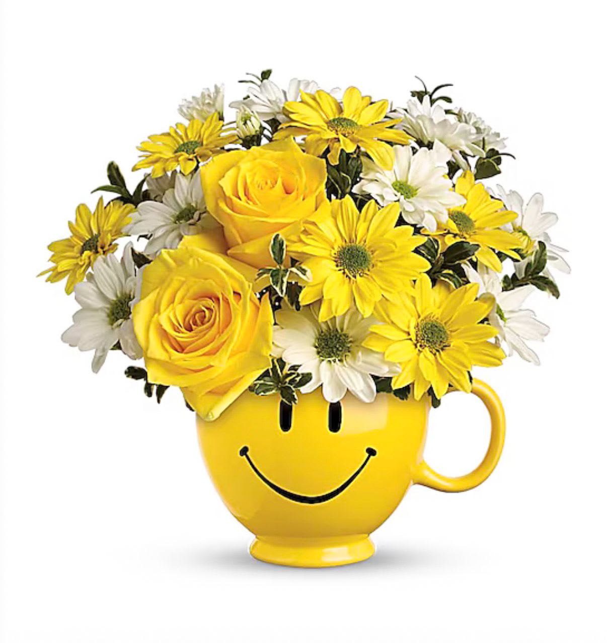 Yellow roses and daisies arranged in a smiley-face mug