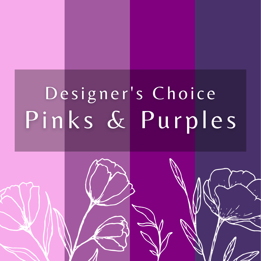 Graphic reading Designer's Choice Pinks &amp; Purples on a pink and purple background