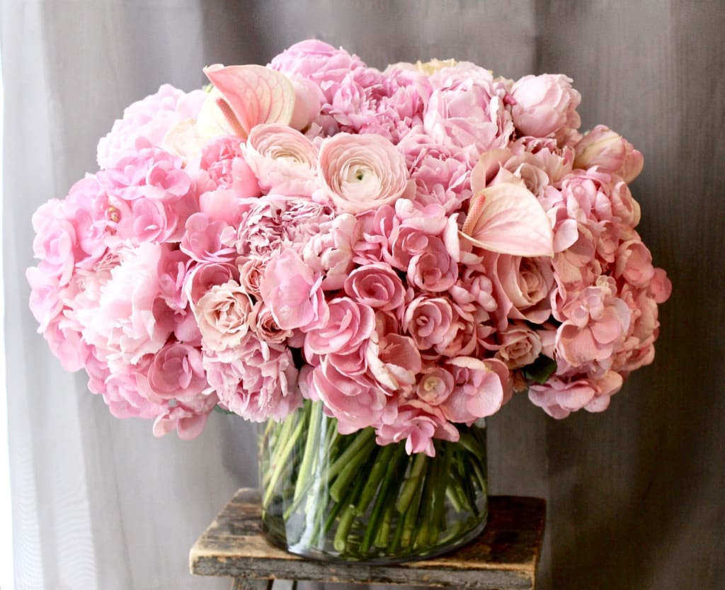 J'Adore - Large bowl vase filled with gorgeous hydrangeas, peonies, anthurium and roses. NOT available for same day. Also available in WHITE.