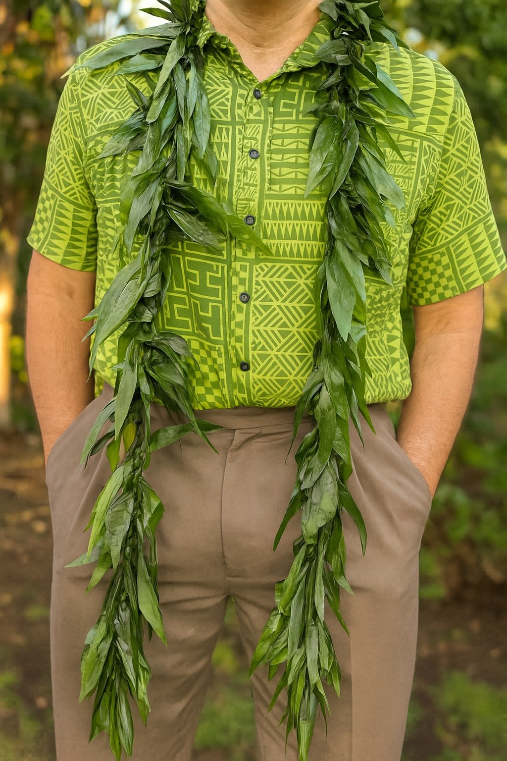 Long green foliage lei draped around a person in a lime patterned shirt