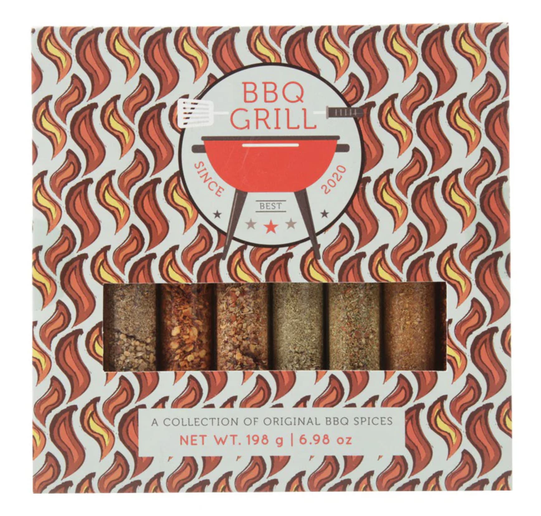 Gift box of assorted BBQ spices in tubes with red grill and flame pattern design