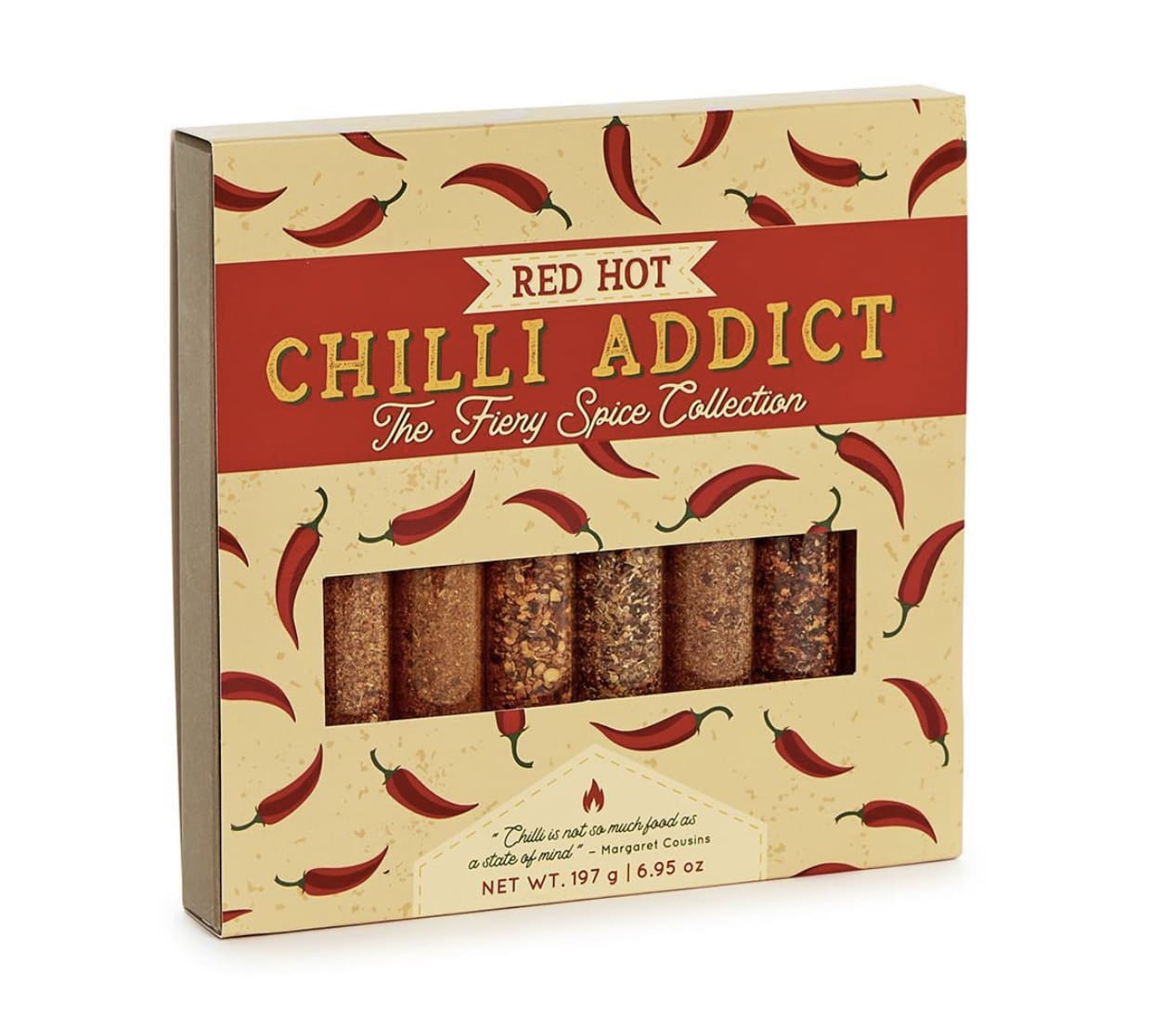 Boxed chili spice collection with red pepper graphics