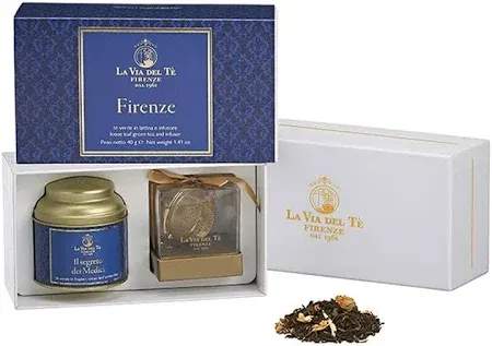 Gift box with tea tin, tea bag, and loose tea leaves