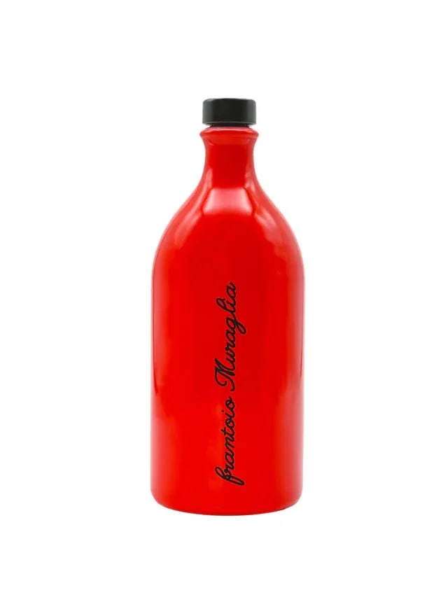 Red bottle with a black cap and vertical black text