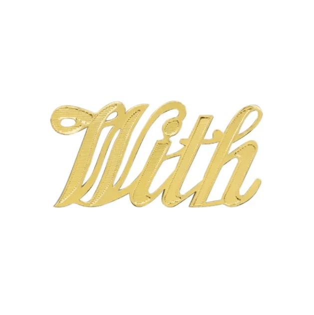 Gold script word "With" on a white background