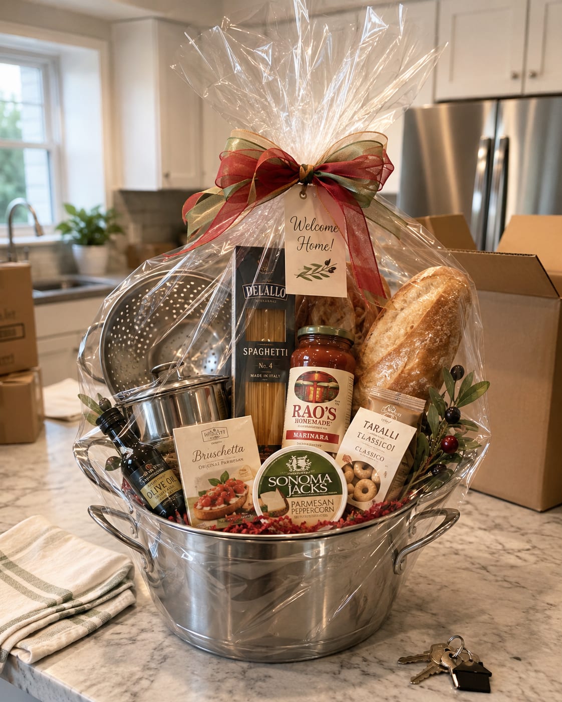 Gift basket with pasta, sauce, bread, and kitchen items in a metal tub