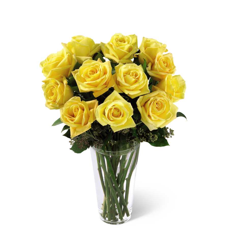 The FTD Yellow Rose Bouquet - The FTD Yellow Rose Bouquet is a spectacular way to offer hope and warmth to those facing the loss of a loved one. Sunlit yellow roses are arranged with seeded eucalyptus in a clear glass vase to create the perfect gift of caring kindness that expresses your deepest sympathies.