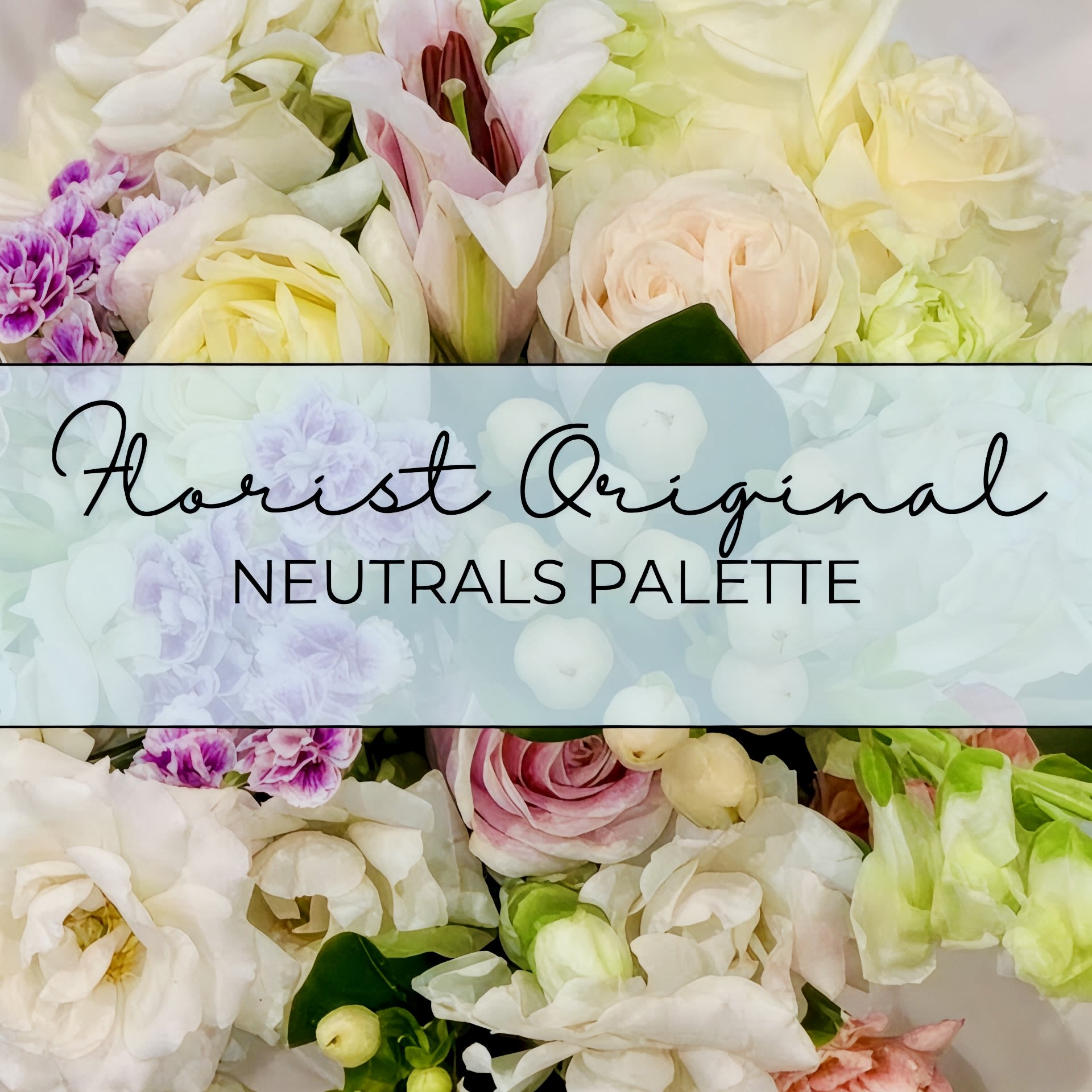 Floral palette board with white, blush, and purple blooms