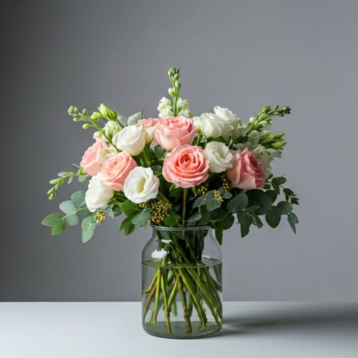 Pink and white roses in a clear glass vase