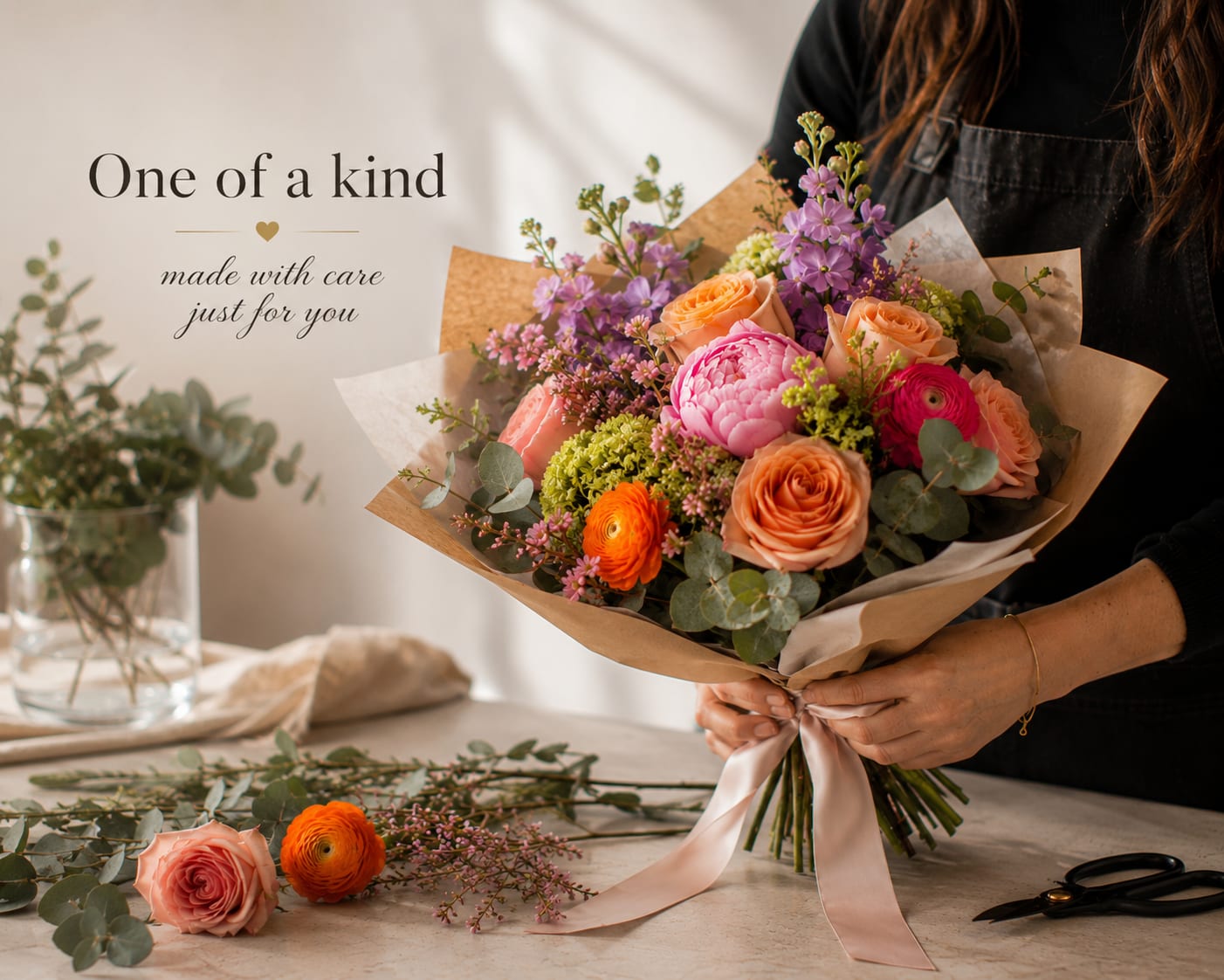 Hand-tied bouquet of peach, pink, and purple flowers wrapped in paper