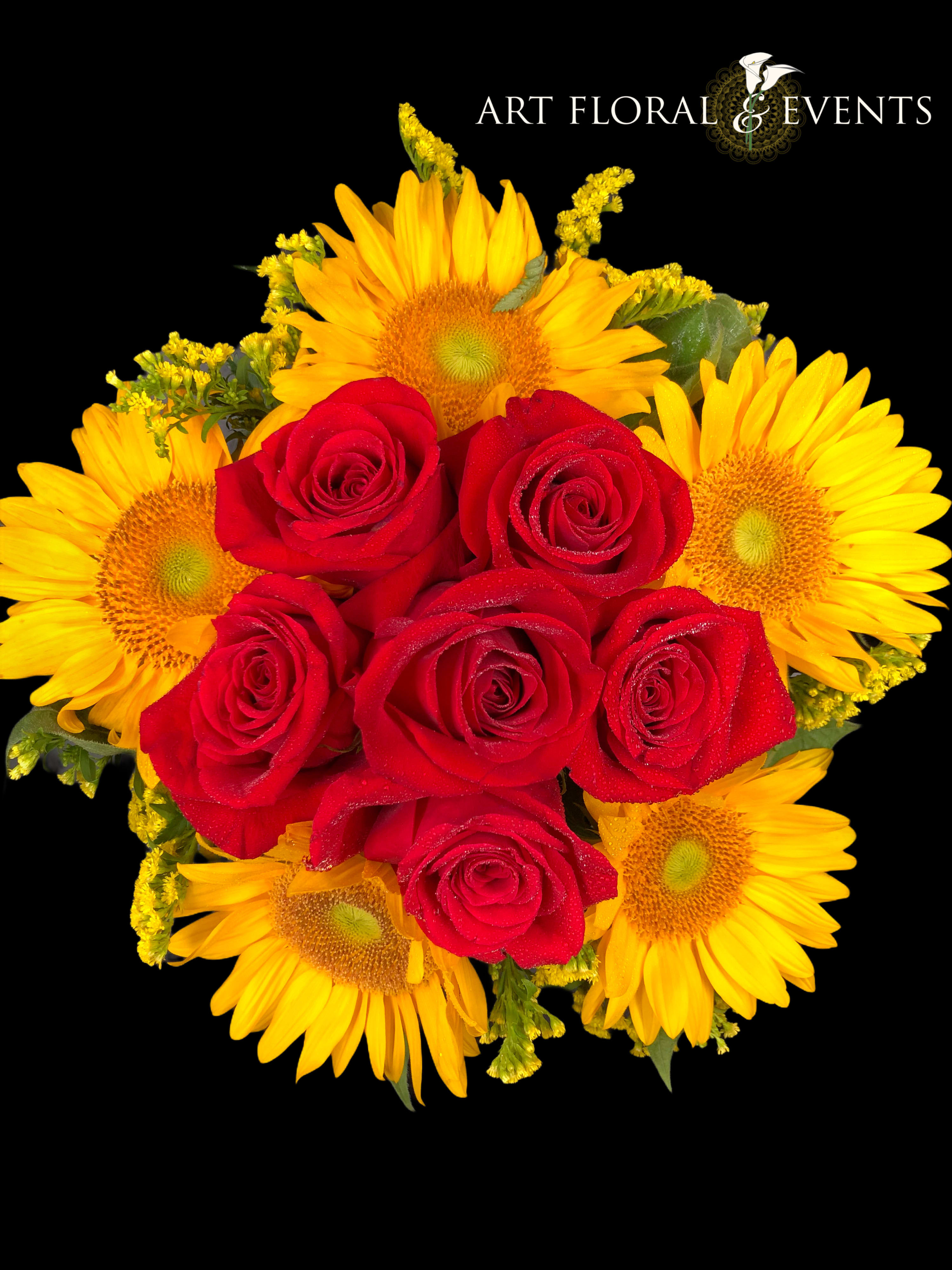 Bouquet of red roses and yellow sunflowers on a black background