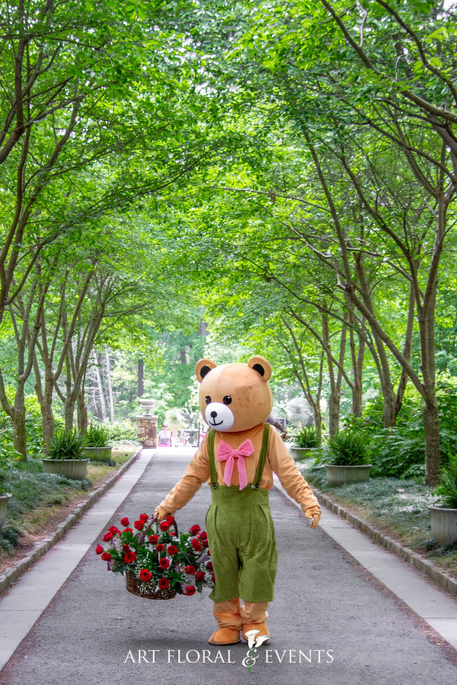 Person in a bear costume carrying a basket of red roses on a tree-lined path