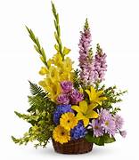 Basket arrangement with yellow lilies, purple flowers, and blue daisies