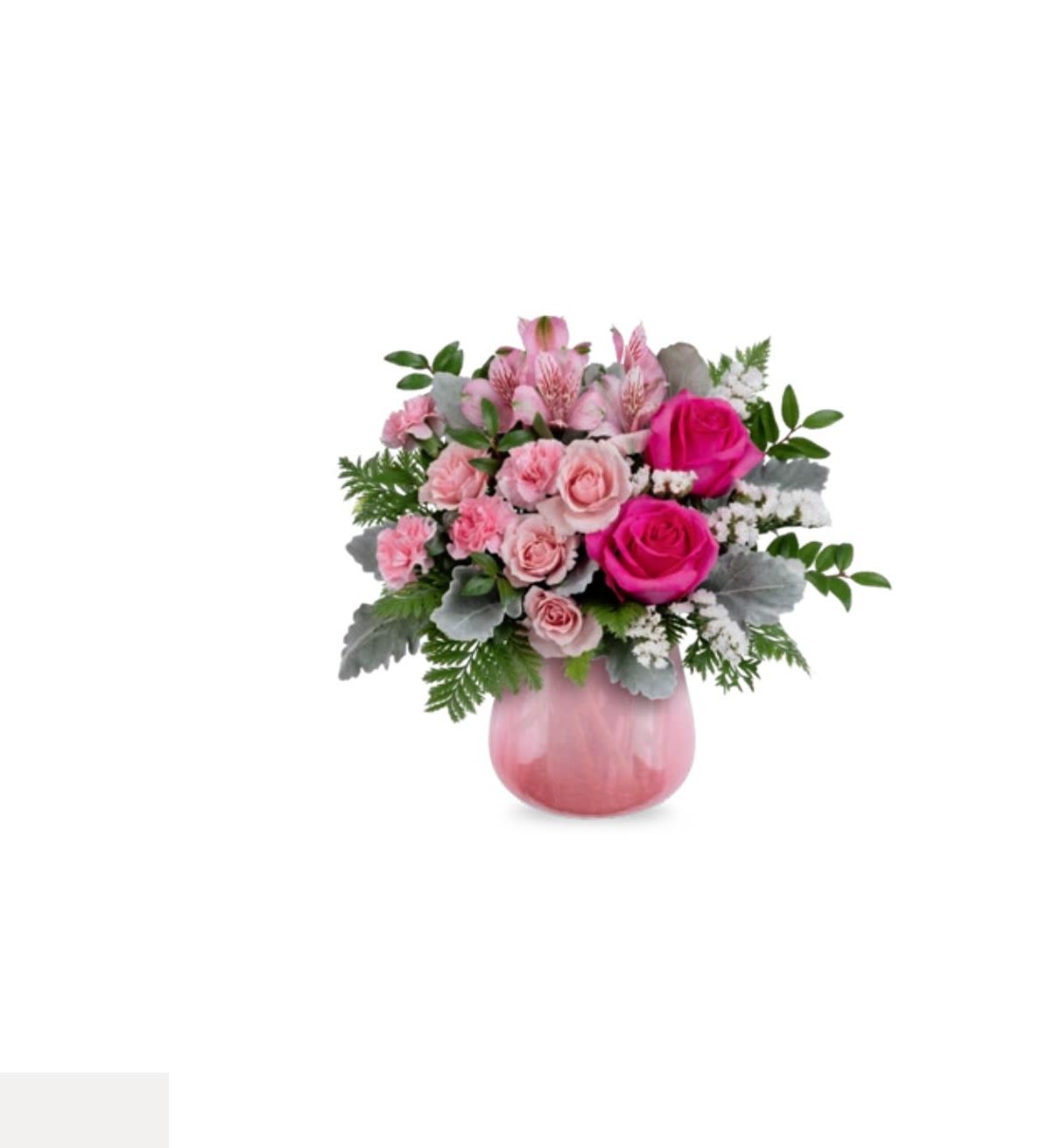 Pink roses and carnations in a pink vase