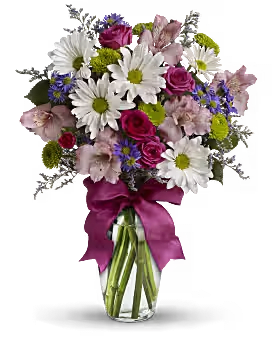 PRETTY PLEASE - MIX OF SPRINGY FLOWERS IN A CLEAR VASE ENOUGH TO MAKE ANYONE SMILE