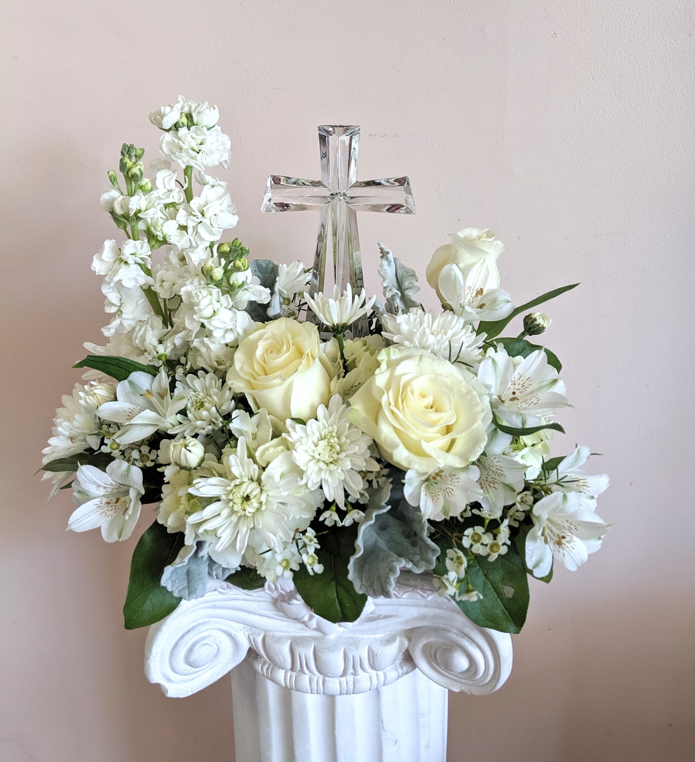 Crystal Cross - A beautiful bouquet with a crystal Glass Cross that becomes a table topper after use. 