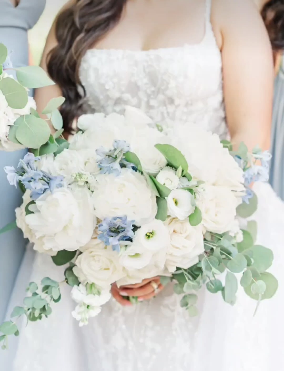 Premium Bridal Bouquet - Stunning peony bouquet in a soft blue and white combination. With peonies, roses, baby roses, lisianthus, stock flower, delphinium and sage foliage. 