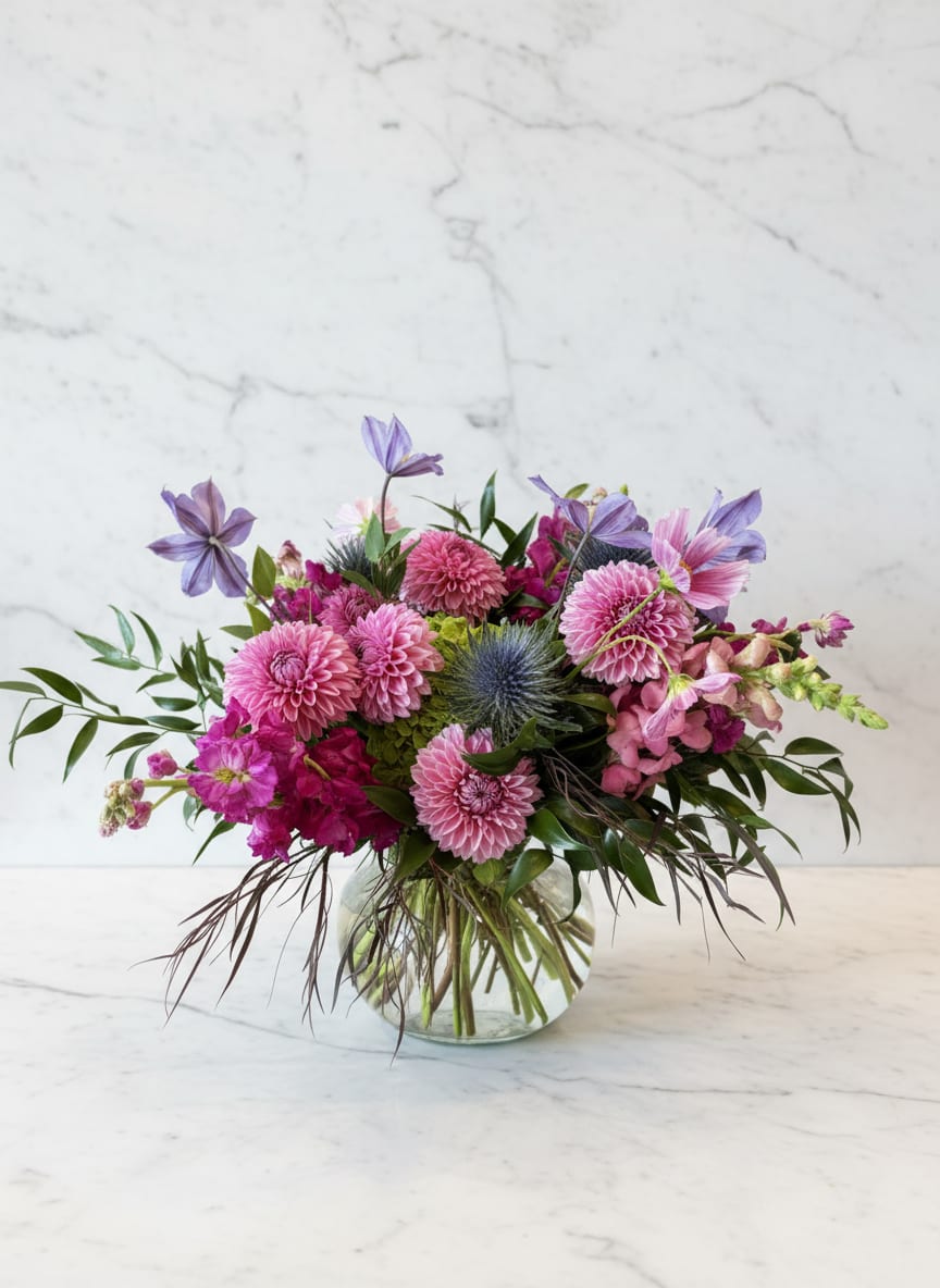 Pink and purple mixed bouquet in a clear glass vase