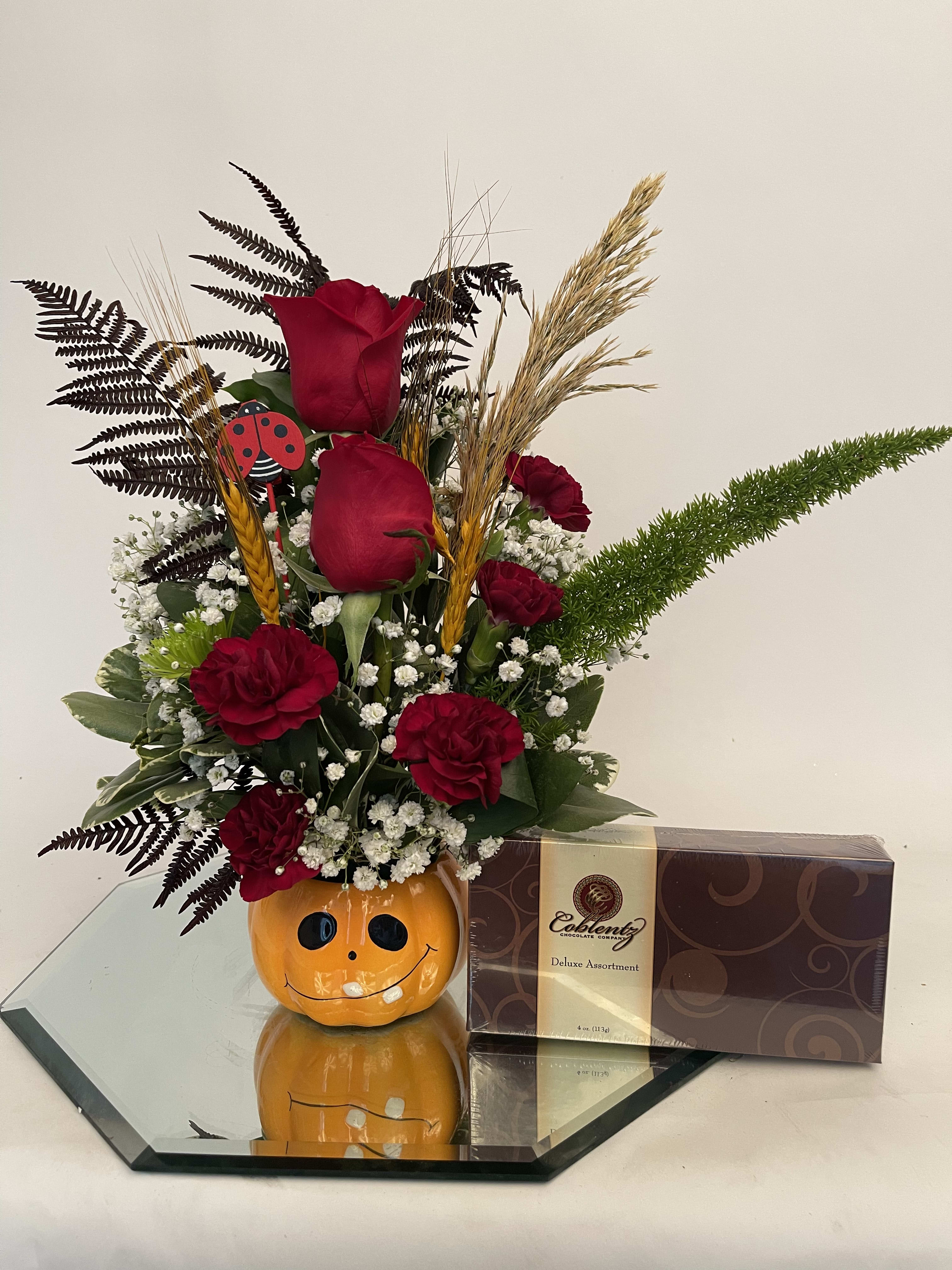 Jack-0-lantern w/ chocolates  - Cute small ceramic pot + chocolates are included 
