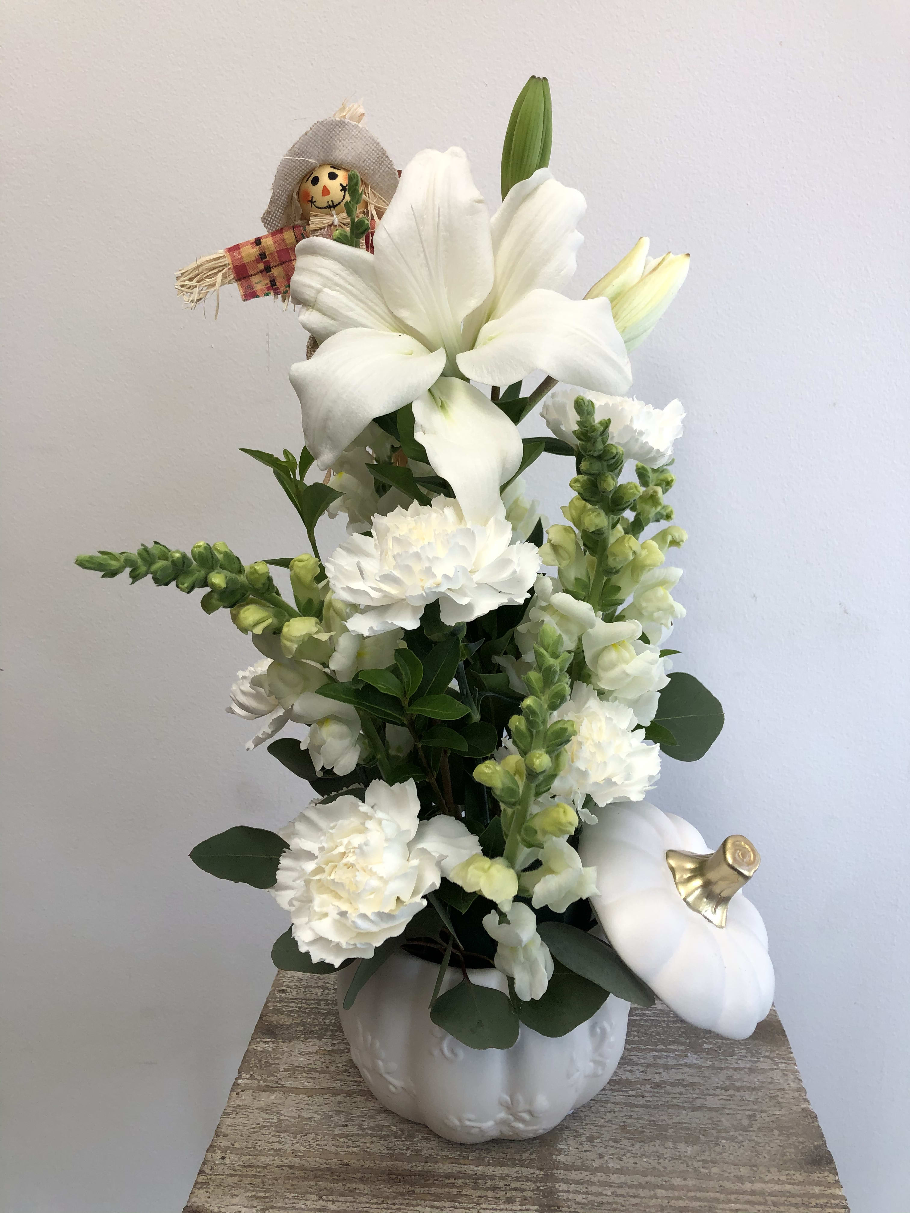 White pumpkin w/ white flowers  - Ceramic white pumpkin 