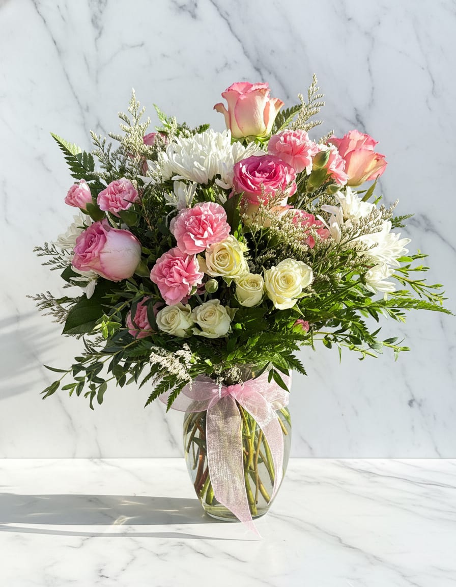 Pink and white bouquet of roses, carnations, and daisies in a glass vase with a ribbon.